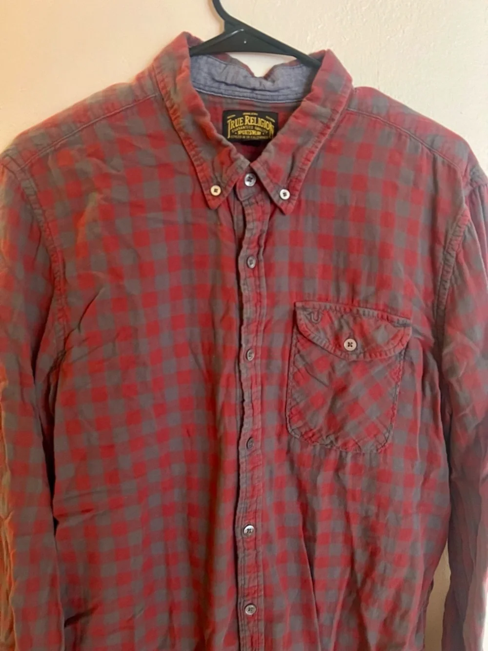 True Religion Men’s Red Plaid Button-Down Shirt